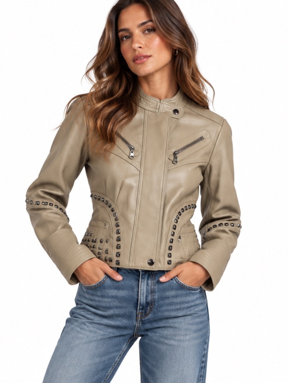 Stella & Jamie Genuine Leather Moto Jacket S Coffee Tan Studded Biker Casual